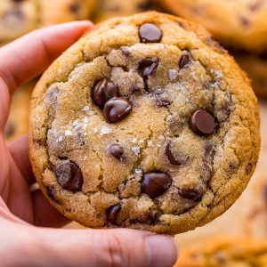 Hand holding a chocolate chip cookie.