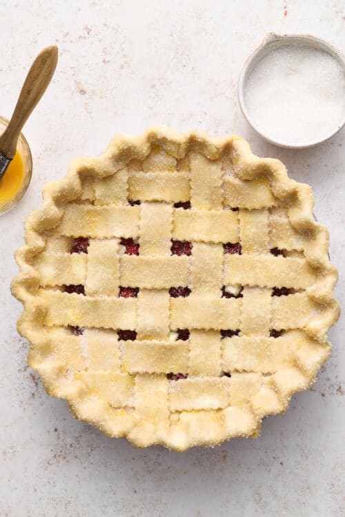 All butter pie dough recipe rolled out and in pie plate.